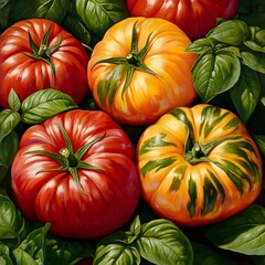 Colorful Tomatoes Among Basil Leaves