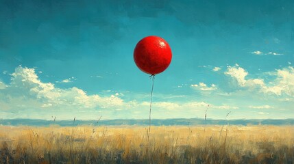 Solitary Ascent: A vibrant red balloon floats serenely against a canvas of cerulean skies and vast fields, symbolizing freedom, hope, and boundless potential.