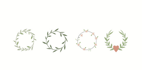 four charming wreaths with floral and leaf details in soft green and pink hues