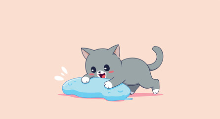 playful grey kitten interacting with a blue blob