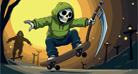 cartoon skeleton in a hoodie skillfully rides a skateboard at sunset. © Rysak