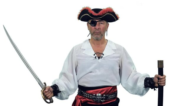 Fearless pirate with an eye patch standing with sword, Full HD footage with alpha transparency channel isolated on white background 
