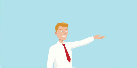 smiling blond businessman in white shirt and red tie gives a welcoming presentation