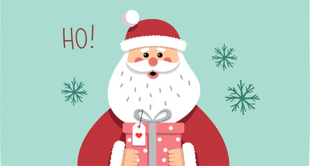 jolly santa claus holding a gift box with festive decorations