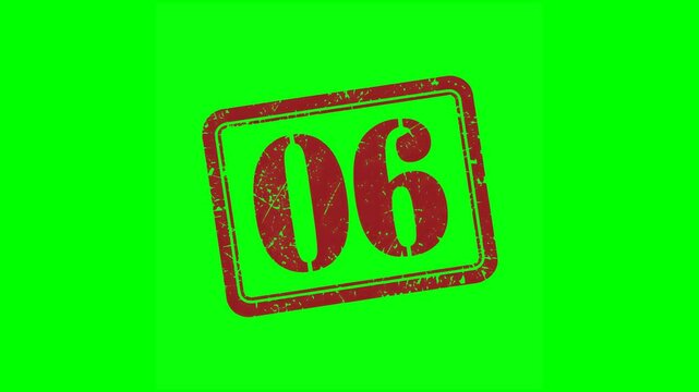 Animated "06" rubber stamp seal with bold red text, featuring a zoom and hit effect on a green screen background, perfect for numbering, ranking, sixth place and priority labels