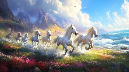 Five majestic white horses gallop across a vibrant meadow near a tranquil ocean under a sunny sky.  Perfect for fantasy art or equine themed projects.