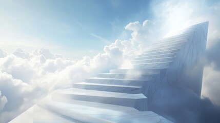 119.A majestic path of white marble steps ascending into soft, billowing clouds, the top glowing with heavenly light against a backdrop of endless blue.
