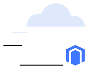 Large cloud with motion lines and a minimalist blue hexagon at the bottom right. Ideal for technology, data storage, innovation, agility, networking, software, efficiency. Flat simple metaphor
