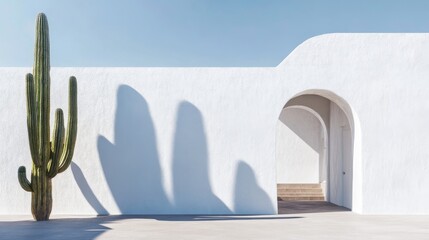 100.A minimal architectural design featuring whitewashed walls, an archway, and a single tall cactus casting a sharp shadow against the building.