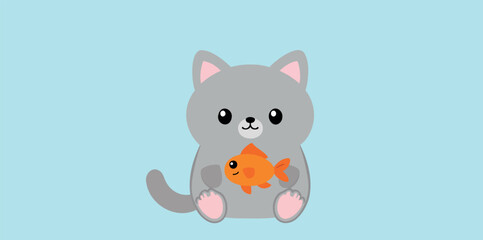 adorable grey kitten gently holding an goldfish