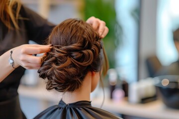 Fototapeta premium A professional hairdresser skillfully creates an elegant hairstyle for a client in a modern salon setting during the day