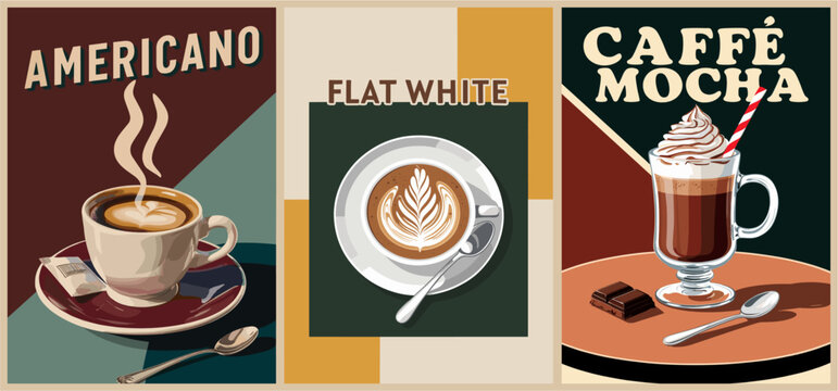 Set of Retro Coffee posters with different types of coffee - Americano, Flat White, Coffe Mocha. Vector illustration in mid century modern style