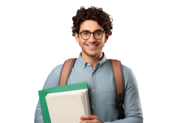 Portrait of a smiling student with glasses holding books and wearing a backpack on a  on transparent background png