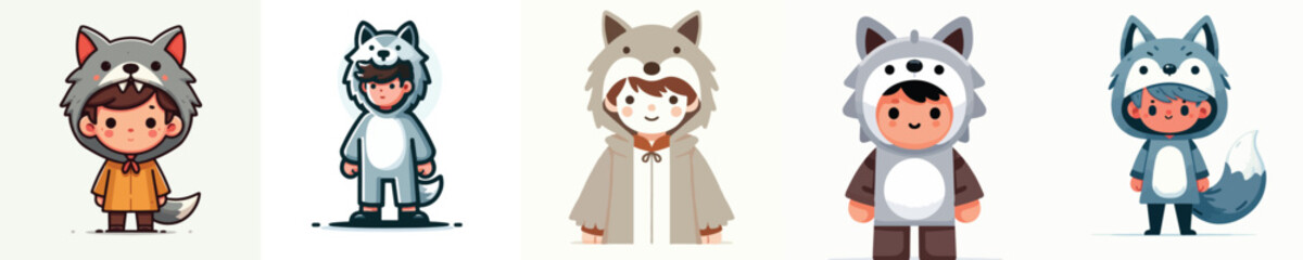a set of vectors of boys wearing wolf costumes