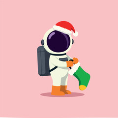 cartoon astronaut in a santa hat holds a green christmas stocking