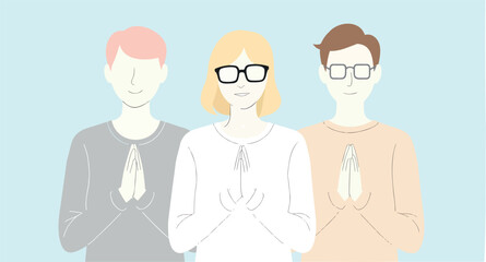 Obraz premium three individuals with clasped hands showing respect and unity