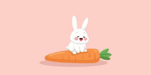happy white rabbit sitting on a large carrot