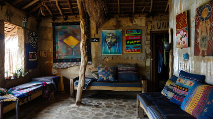 stock photo depicts a humble village room with simple interior decor, showcasing artwork and providing a glimpse into modest living space of inhabitants