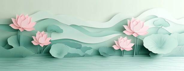 Elegant paper art showcasing pink lotus flowers nestled in serene green waves, symbolizing tranquility and beauty in nature.