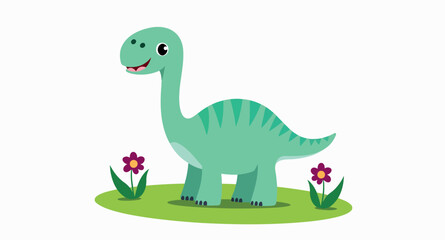 cheerful green cartoon dinosaur standing amidst purple flowers