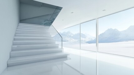 Obraz premium 74.A pristine set of white stairs with smooth glass railings, illuminated by soft natural light, showcasing a minimalist aesthetic in a modern architectural space.
