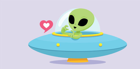 cheerful green alien shows love from inside a flying saucer