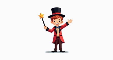 cheerful young boy dressed as a magician holding a golden star wand and waving.