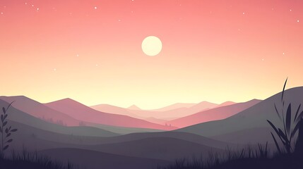 Fototapeta premium Serene Sunset Over Rolling Hills and Distant Stars