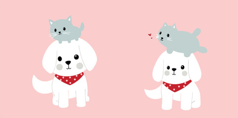 Obraz premium adorable gray kitten perched on a white dog wearing a red bandana