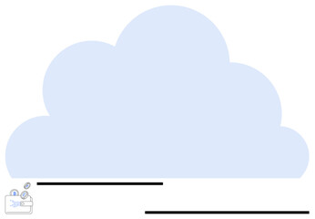 Oversized blue cloud with shopping basket holding coins and credit card. Ideal for e-commerce, cloud computing, payment systems, online shopping, technology, digital security, flat simple metaphor