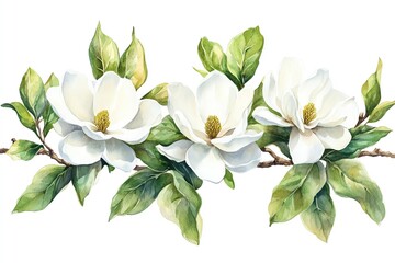 Elegant watercolor painting of a magnolia branch with three delicate white blossoms and lush green leaves. Perfect for home decor, wedding invitations, or spring themed designs.