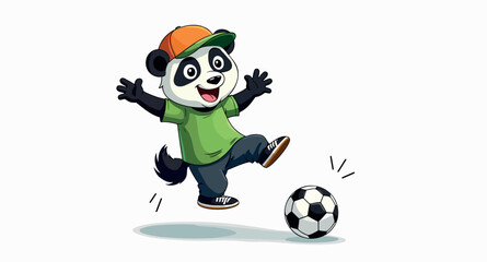 playful panda in green shirt kicking soccer ball