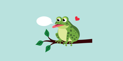 cheerful green frog on branch