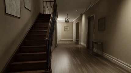 Fototapeta premium 22.A spacious hallway leading to a staircase with a dark stained wooden banister and wrought iron spindles, surrounded by soft neutral-toned walls and minimalist decor.
