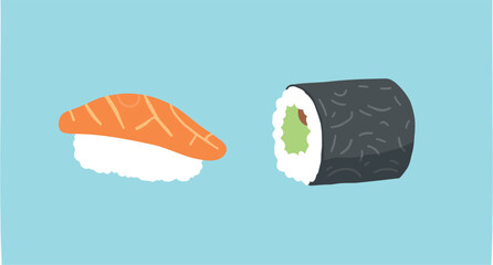 simple of salmon nigiri and maki sushi on a light blue background © Rysak