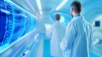 Innovative laboratory scene with scientists analyzing data on digital screens, showcasing advanced technology and research