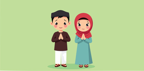 two muslim children in traditional clothing performing a respectful gesture