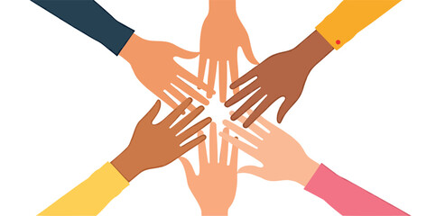 five diverse hands joining in unity and collaboration
