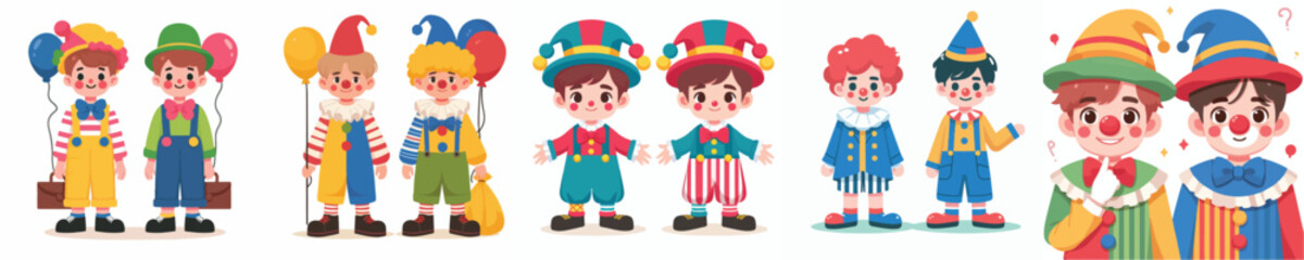 a set of vectors of boys wearing clown costumes