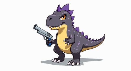 gray cartoon dinosaur holding a gun