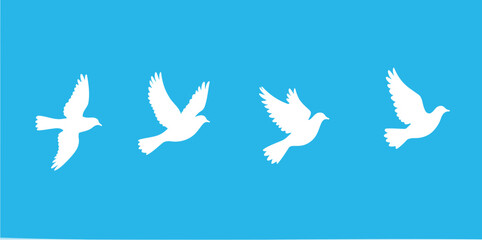 four white doves in graceful flight against a light blue sky symbolizing peace and freedom