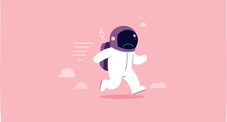 determined cartoon astronaut in a white and purple spacesuit runs across a pink sky filled with clouds