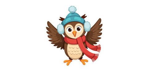 cheerful cartoon owl wearing a blue winter hat and a red scarf