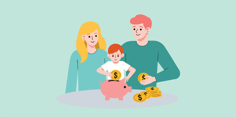 happy family depositing coins into a piggy bank symbolizing saving and financial planning