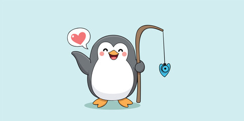happy penguin cartoon holding a fishing rod with a heart-shaped lure
