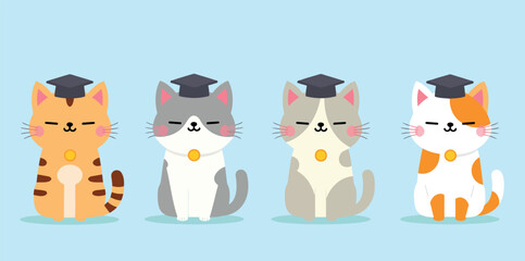 four adorable kittens wearing graduation caps