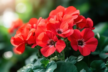 Close-up shows bright red geranium flowers with green leaves and bokeh background. Perfect for spring, summer, gardens, and floral-themed projects for websites.
