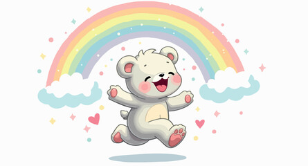 joyful bear cub leaping under a pastel rainbow © Rysak