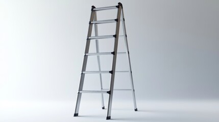 3.A tall, industrial-style aluminum ladder with evenly spaced rungs, rendered with realistic textures and precise details, isolated on a clean white surface with faint shadows for depth.