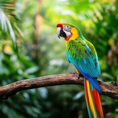 Obraz premium Vibrant Parrot Perched on Branch Surrounded by Lush Greenery